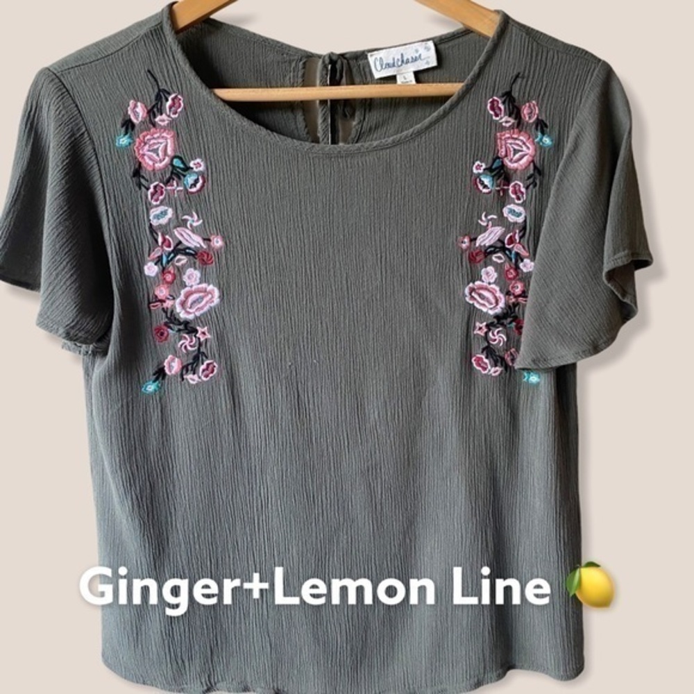 Cloud Chaser Dark Green Floral Embroidered Bell Top Large